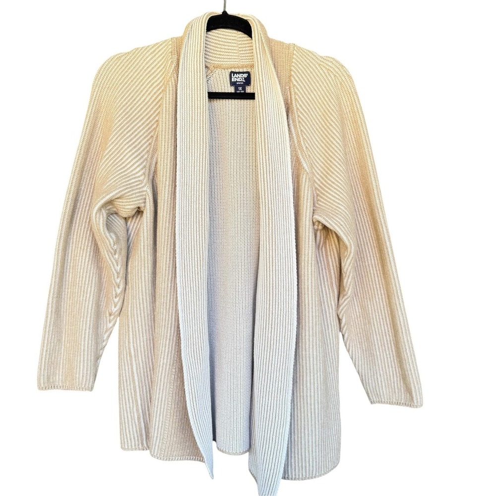 Lands' End Drifter Cardigan Sweater Womens 1X Beige Cotton Open Front Knit